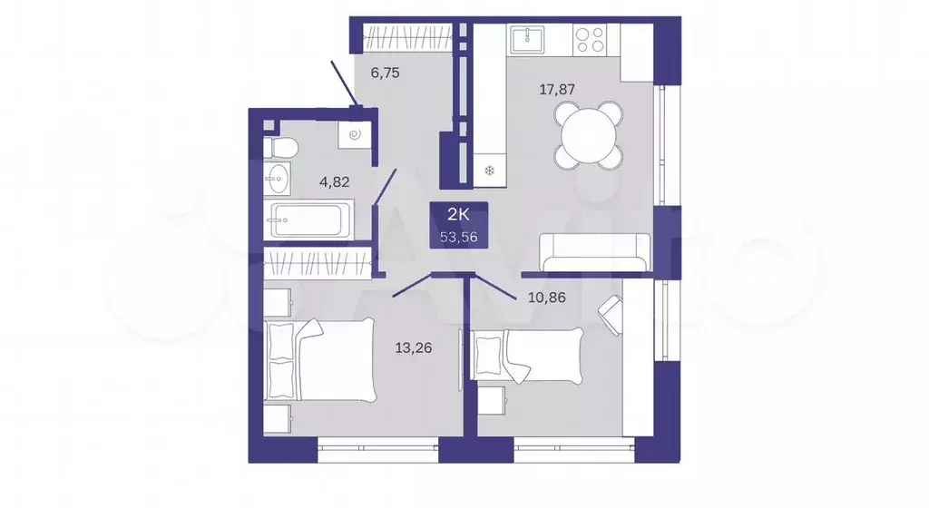 2-к. квартира, 53,6 м, 2/9 эт. - Фото 1
