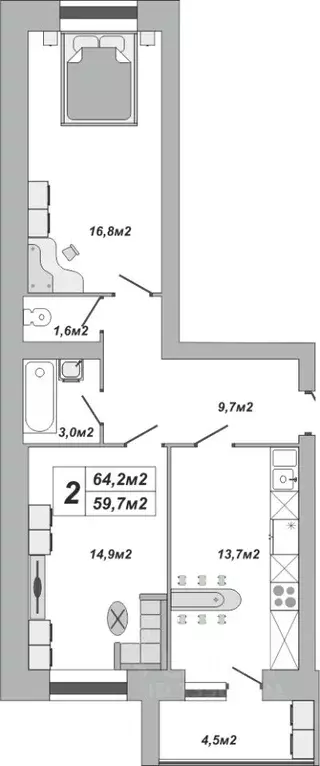 2-к кв. Тамбовская область, Тамбов ул. Чичерина, 7/3 (64.2 м) - Фото 1