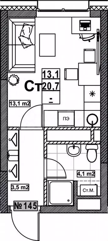 Квартира-студия, 20,7м, 2/24эт. - Фото 0