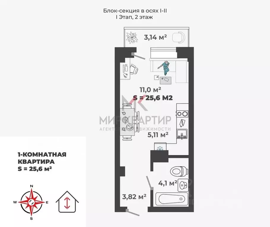 1-к кв. Хакасия, Абакан Арбан мкр, Новый Бульвар жилой комплекс (25.42 ... - Фото 1