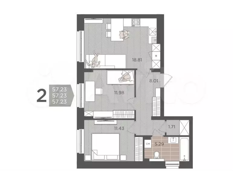 2-к. квартира, 55,2 м, 1/9 эт. - Фото 1