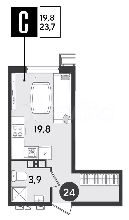 Квартира-студия, 23,7 м, 5/16 эт. - Фото 1