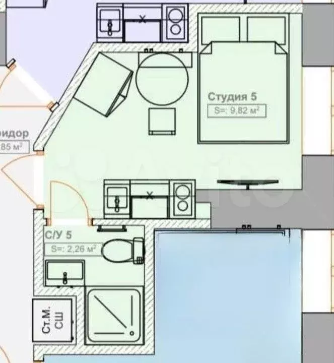 Апартаменты-студия, 11,6 м, 4/5 эт. - Фото 0