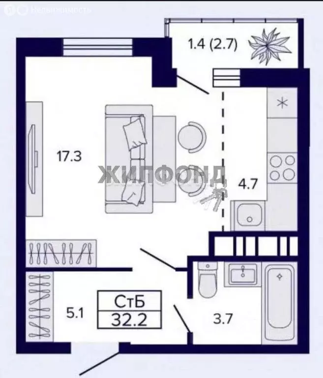 Квартира-студия: Новосибирск, улица Бородина, 54 (30.9 м) - Фото 0