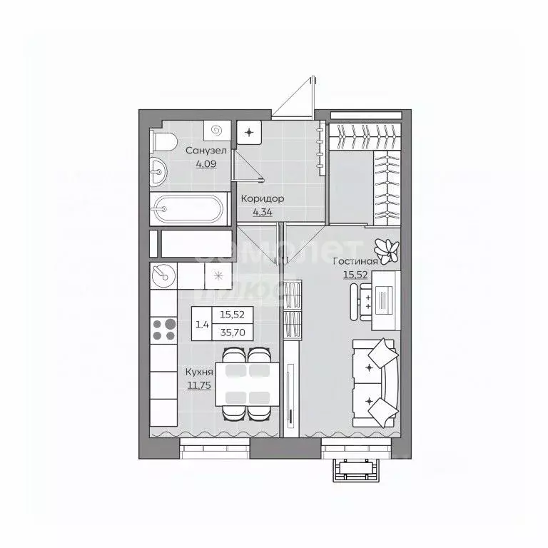 1-к кв. Татарстан, Казань ул. Братьев Батталовых, 20к4 (36.0 м) - Фото 1