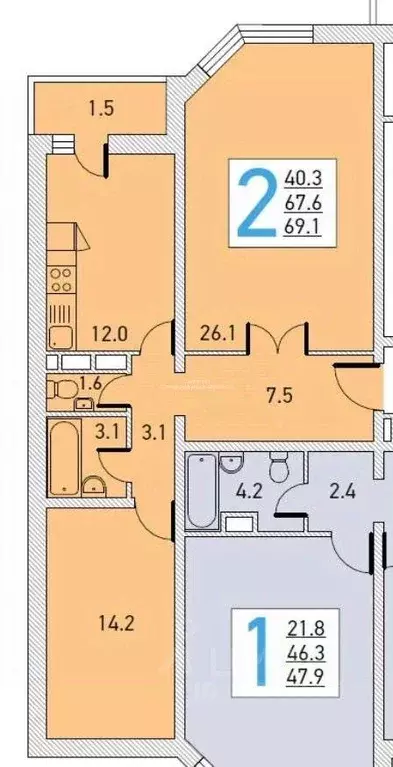 Квартира, 2 комнаты, 69 м - Фото 1