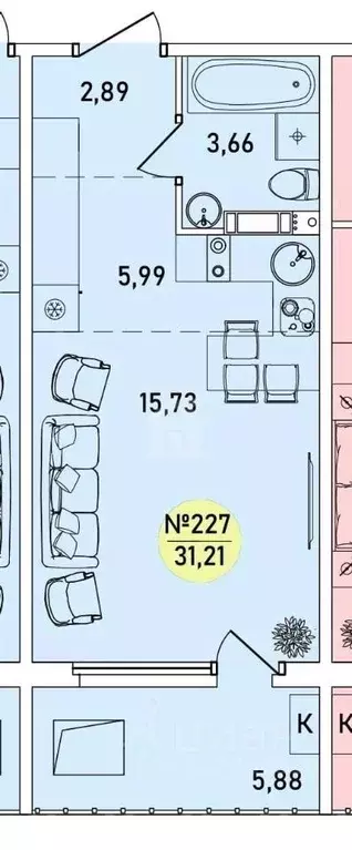 Студия Ярославская область, Ярославль 2-й мкр,  (31.21 м) - Фото 1