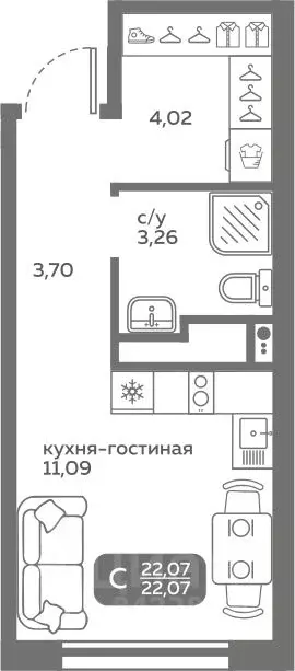 Студия Тюменская область, Тюмень ул. Вадима Бованенко, 10 (22.07 м) - Фото 0
