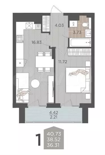 1-к. квартира, 40,7 м, 2/9 эт. - Фото 1