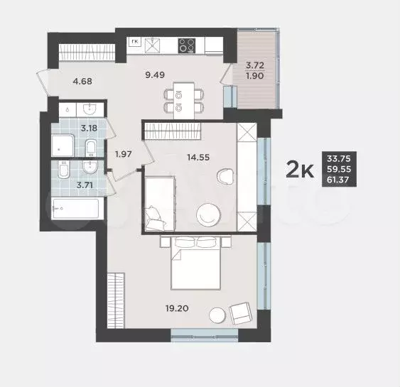 2-к. квартира, 59,6 м, 1/9 эт. - Фото 1