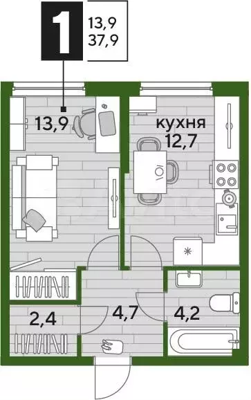 1-к. квартира, 37,9 м, 2/16 эт. - Фото 0