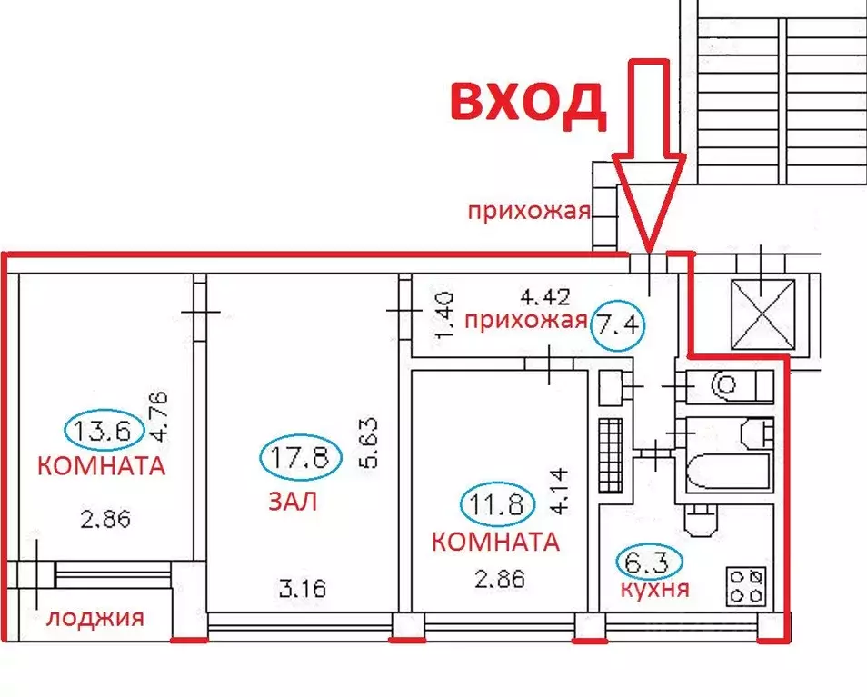 3-к кв. Санкт-Петербург ул. Генерала Симоняка, 23 (60.4 м) - Фото 2