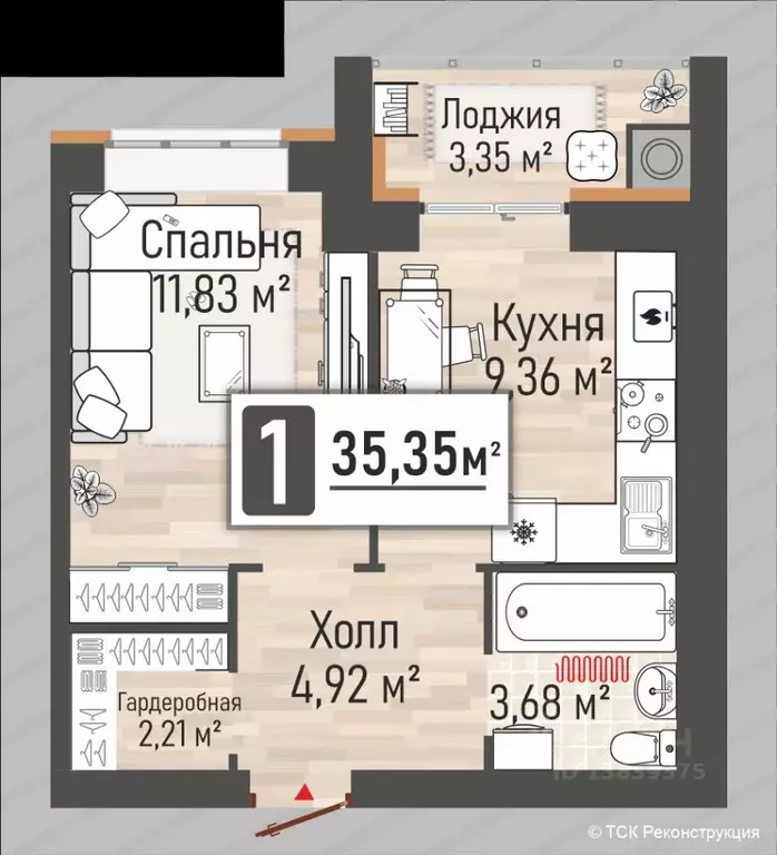 1-к кв. Рязанская область, Рыбное Мега жилой квартал,  (35.35 м) - Фото 0