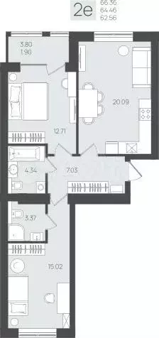 2-к. квартира, 66,4 м, 2/5 эт. - Фото 1