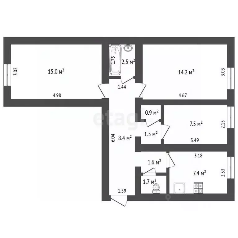 3-к кв. Калининградская область, Гусев Железнодорожная ул., 25 (60.7 ... - Фото 2
