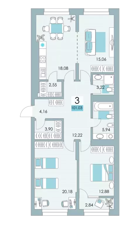 3-к квартира, 101.2 м - Фото 0