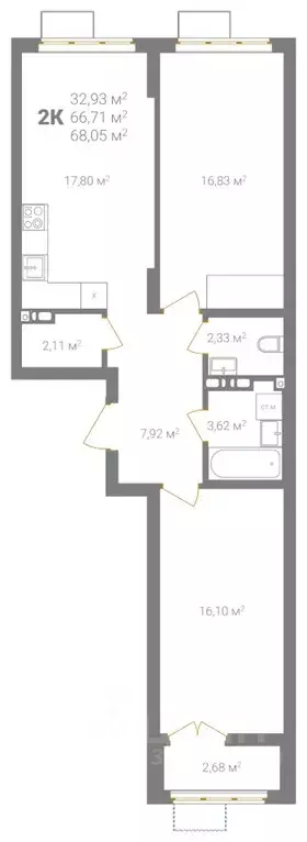 2-к кв. Нижегородская область, Нижний Новгород Ветеринарная ул. (68.05 ... - Фото 2