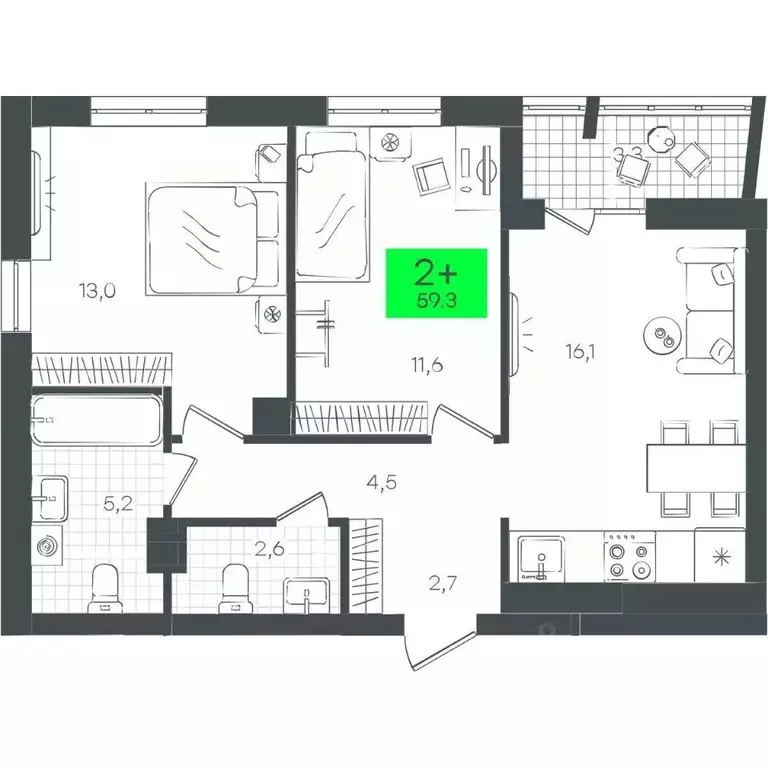 2-к кв. Тюменская область, Тюмень ул. Василия Малкова, 9 (59.3 м) - Фото 0