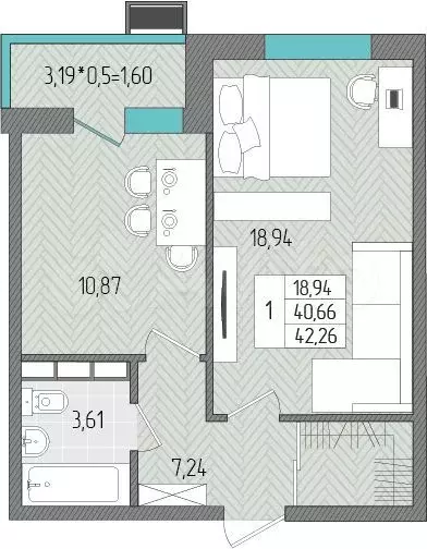 1-к. квартира, 42,3 м, 8/8 эт. - Фото 1