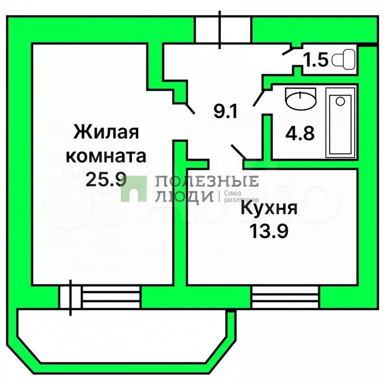 1-к. квартира, 57,1 м, 4/9 эт. - Фото 0