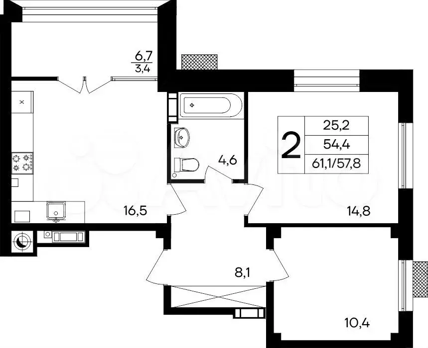 2-к. квартира, 61,1 м, 1/8 эт. - Фото 0