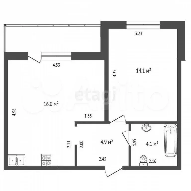 1-к. квартира, 43,1 м, 3/4 эт. - Фото 0