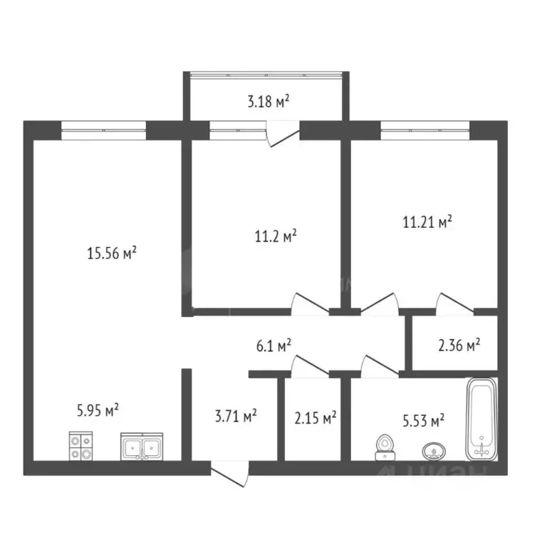 2-к кв. Тюменская область, Тюмень Причальная ул., 7 (64.1 м) - Фото 2