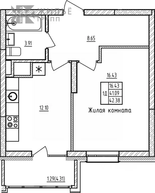1-к кв. Татарстан, Казань ул. Ярдем, 25 (42.38 м) - Фото 2