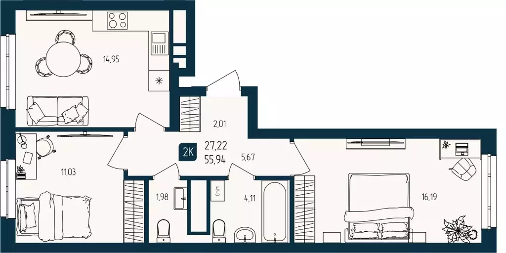 2-к кв. Тюменская область, Тюмень  (55.94 м) - Фото 1