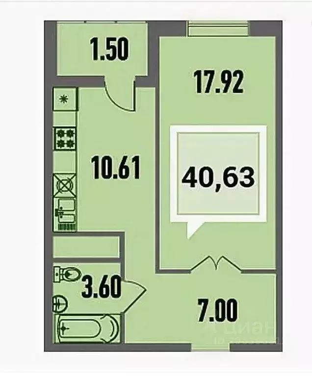 Квартира, 1 комната, 40.6 м - Фото 0