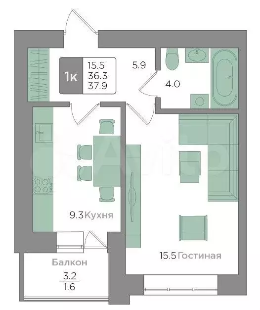1-к. квартира, 37,9 м, 2/9 эт. - Фото 1