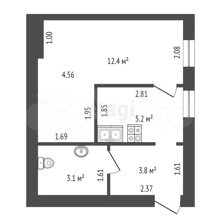 1-к. квартира, 24,5 м, 1/4 эт. - Фото 1