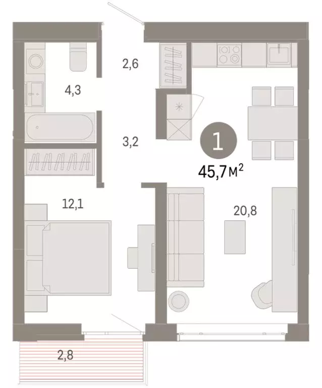 1-комнатная квартира: Тюмень, улица Республики, 205к3 (45.71 м) - Фото 2