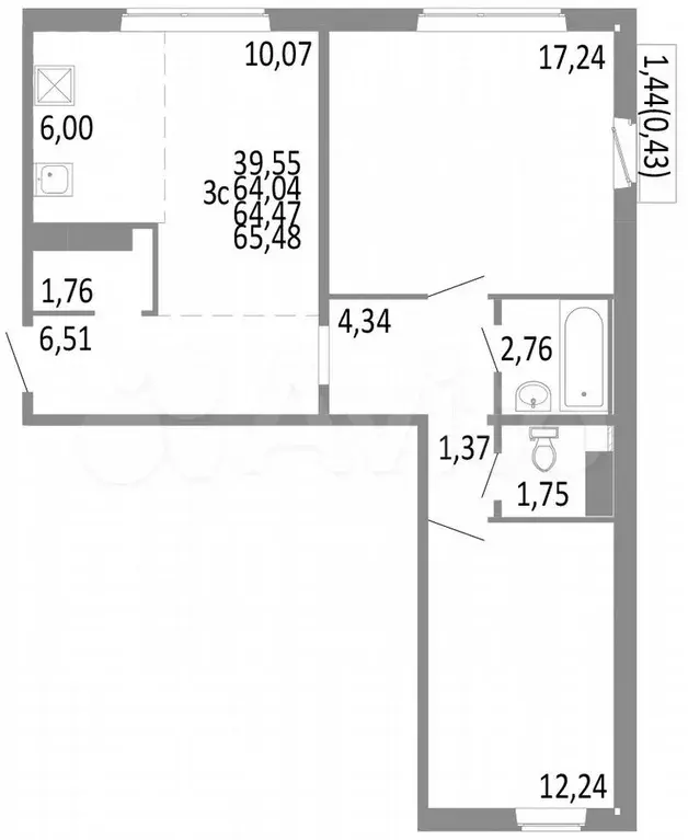 3-к. квартира, 64,5 м, 7/10 эт. - Фото 0