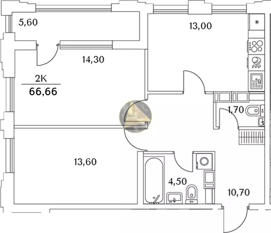 Квартира, 2 комнаты, 66.66 м - Фото 1