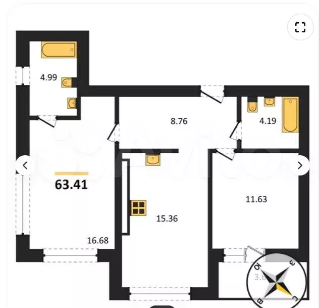 2-к. квартира, 63,4 м, 7/9 эт. - Фото 1