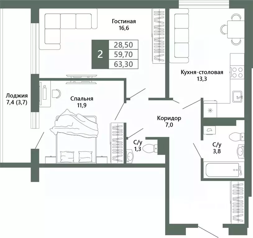 2-к кв. Кемеровская область, Кемерово 64-й мкр, Лучи жилой комплекс ... - Фото 2