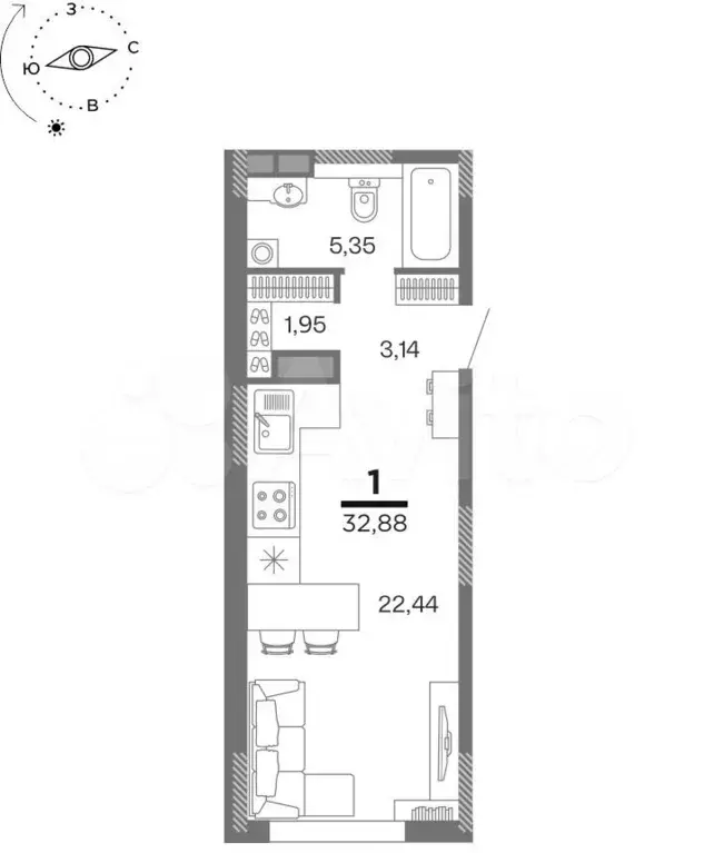 1-к. квартира, 32,9 м, 10/25 эт. - Фото 0