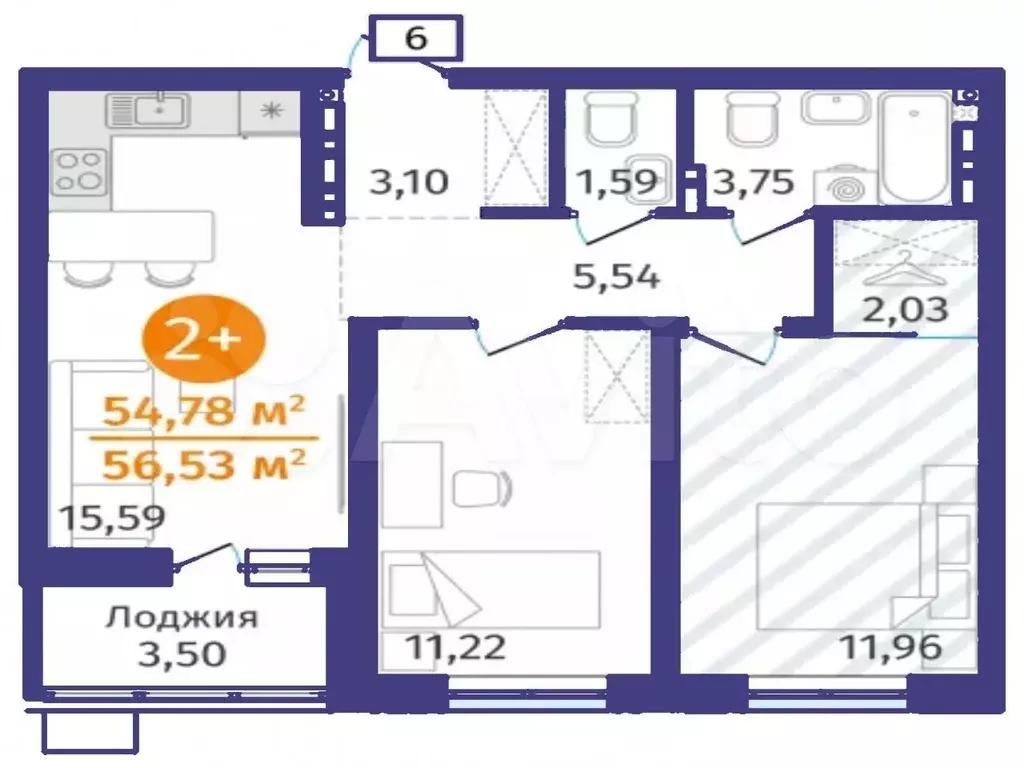 2-к. квартира, 54,8 м, 9/14 эт. - Фото 1