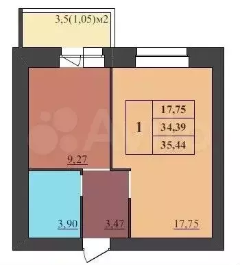 1-к. квартира, 35,4 м, 5/9 эт. - Фото 0