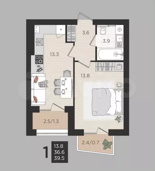 1-к. квартира, 39,5 м, 4/4 эт. - Фото 1