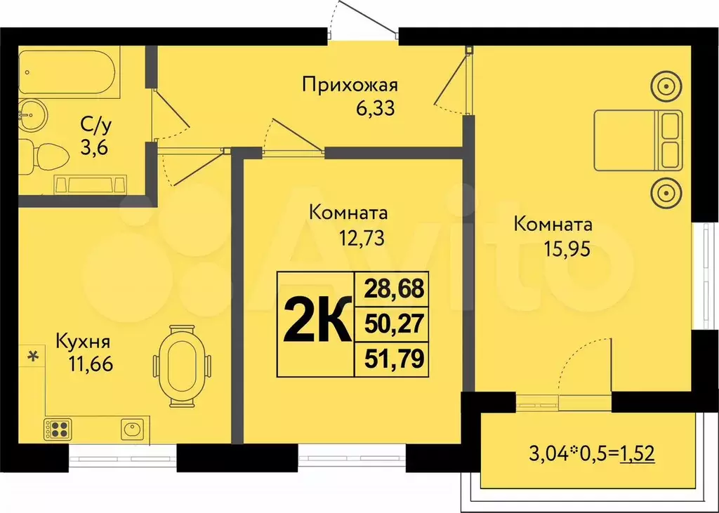 2-к. квартира, 51,8 м, 11/12 эт. - Фото 0