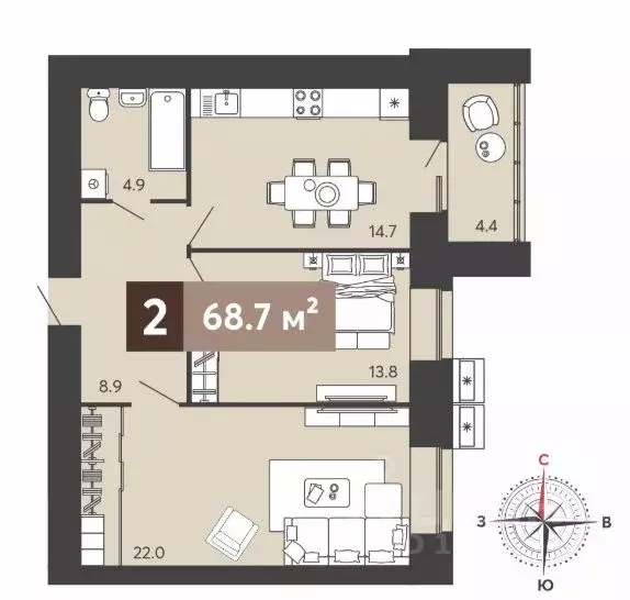 2-к кв. Пензенская область, Пенза ул. Щербакова, 71 (68.7 м) - Фото 1