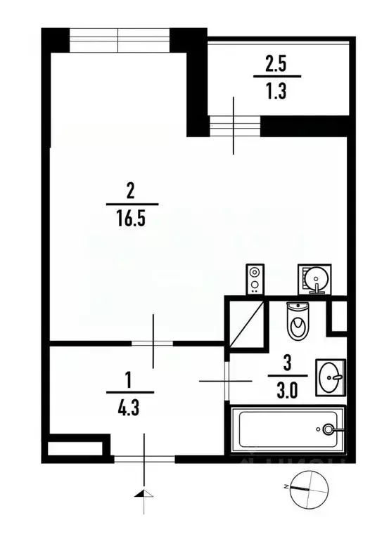 Студия Санкт-Петербург ул. Крыленко, 1к1с2 (24.8 м) - Фото 1