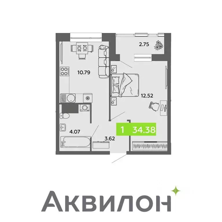 1-к кв. Архангельская область, Архангельск проезд Приорова, 4с1 (34.38 ... - Фото 0