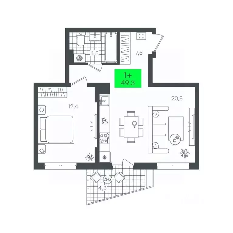 1-к кв. Тюменская область, Тюмень Комарово Парк жилрайон,  (49.3 м) - Фото 1