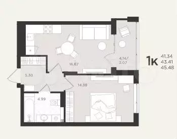 1-к. квартира, 45,5 м, 4/4 эт. - Фото 1