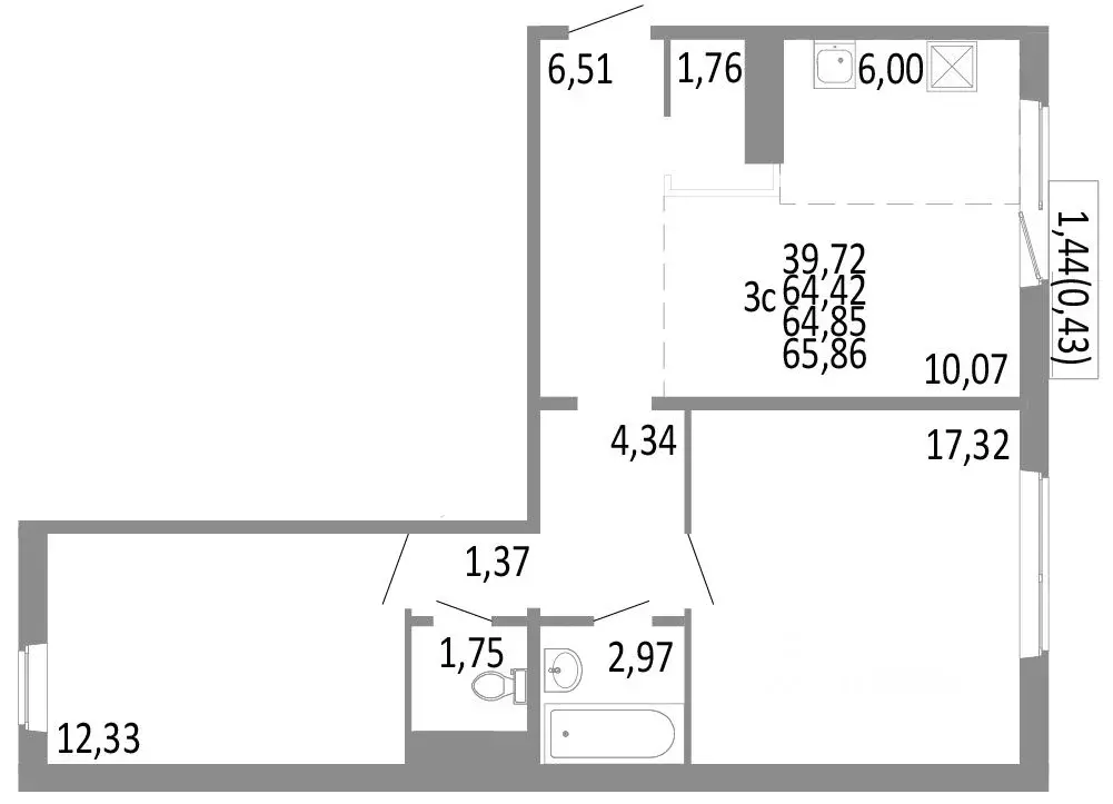 3-к кв. Челябинская область, Челябинск ул. Блюхера, 125Б (64.85 м) - Фото 0