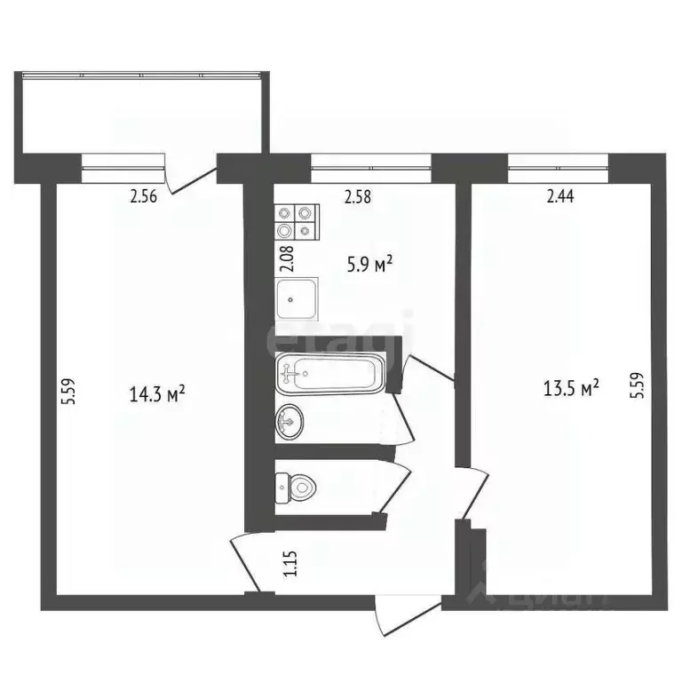 2-к кв. Тюменская область, Тюмень Харьковская ул., 71А (41.8 м) - Фото 2