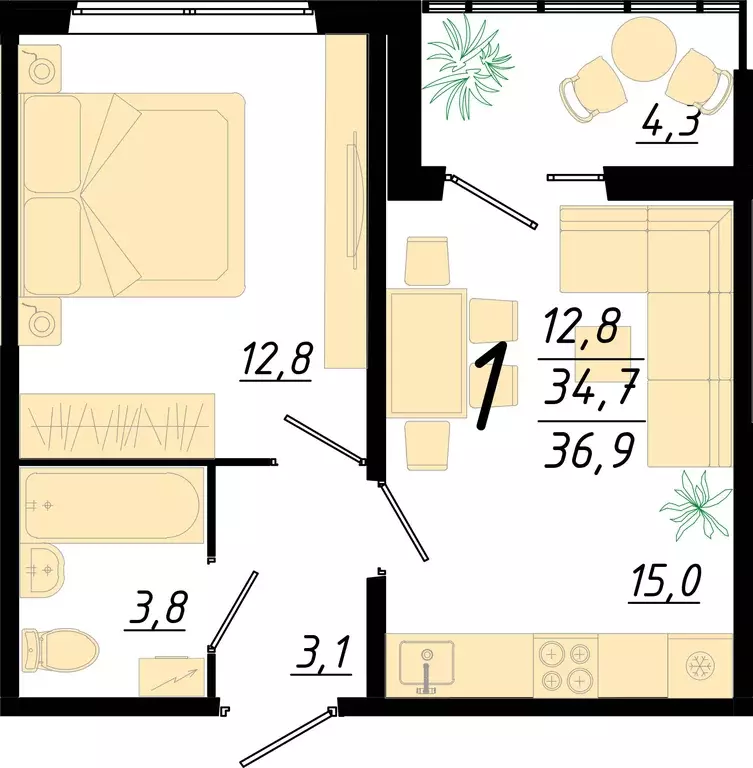 1-к квартира, 36.9 м - Фото 0